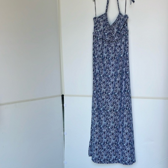 Soybu Maxi Dress Blue White Turquoise Size XL Empire Waist Embroidered Neck Tie - Picture 1 of 16